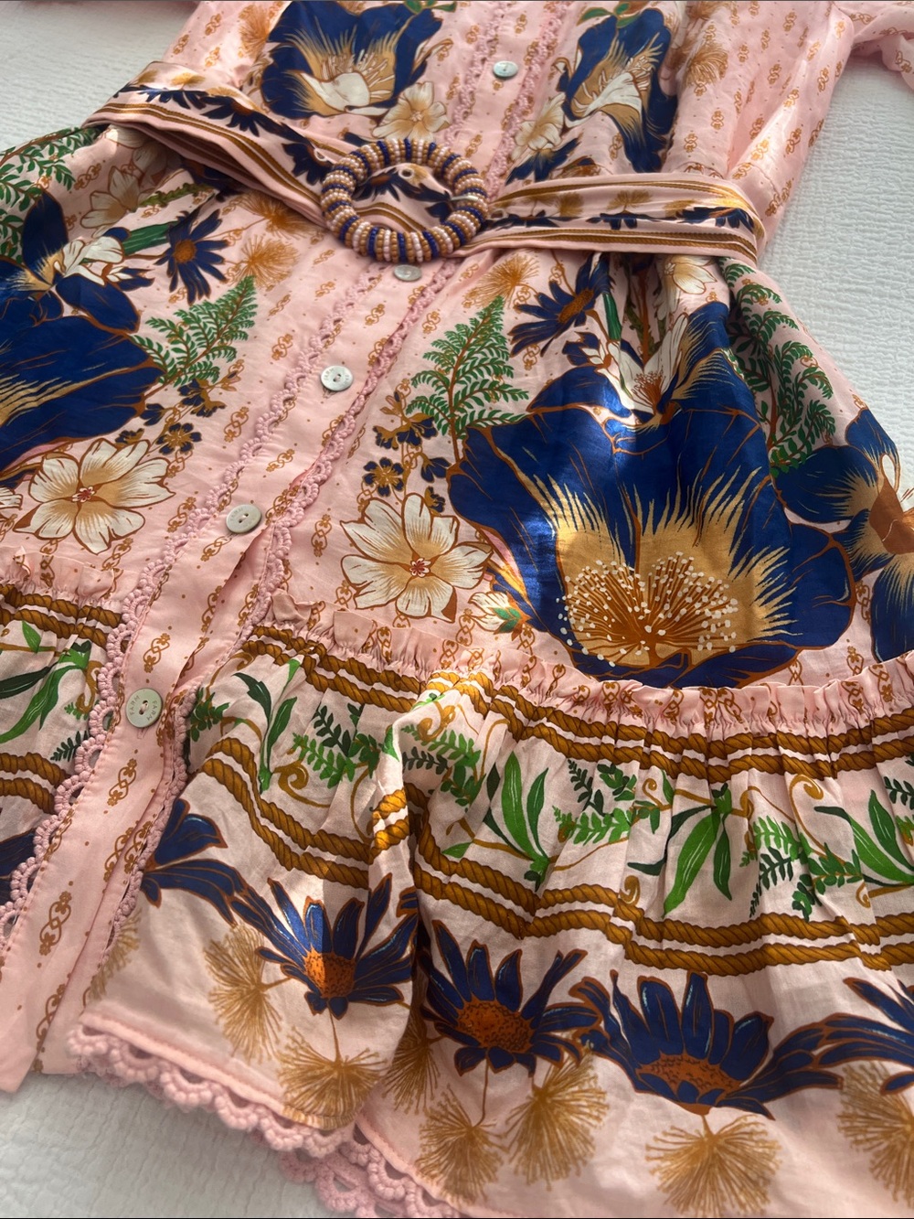 FARM Rio Peach-Pink Floral Button Front Mini Dress with Tie - Picture 6 of 6
